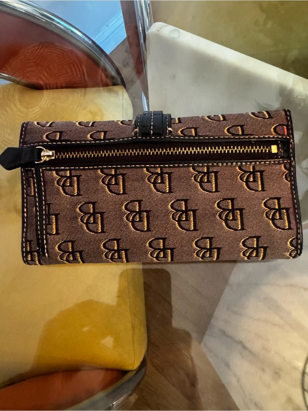 Dooney & Bourke Brown Logo Continental Wallet with Black Strap and Gold Hardware
